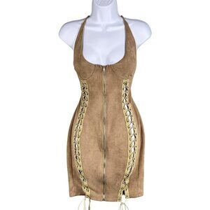 Better Be L Tan Vegan Suede Mini Dress Zip Front Lace Up Stretchy Costal Cowgirl